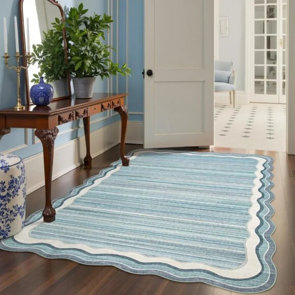 New 5x7 Blue Scalloped Rug, Washable, Non-Slip, Soft Modern Carpet for Bedroom